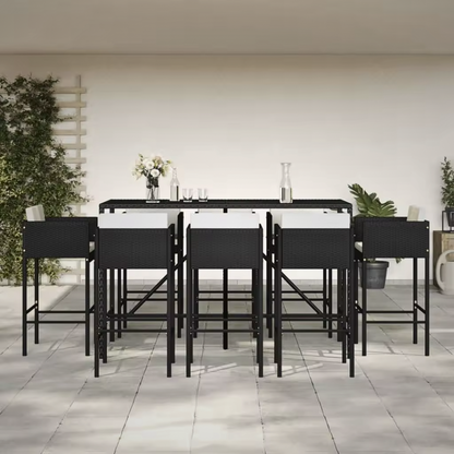 Tall outdoor dining set with eight matching chairs, on a terrace