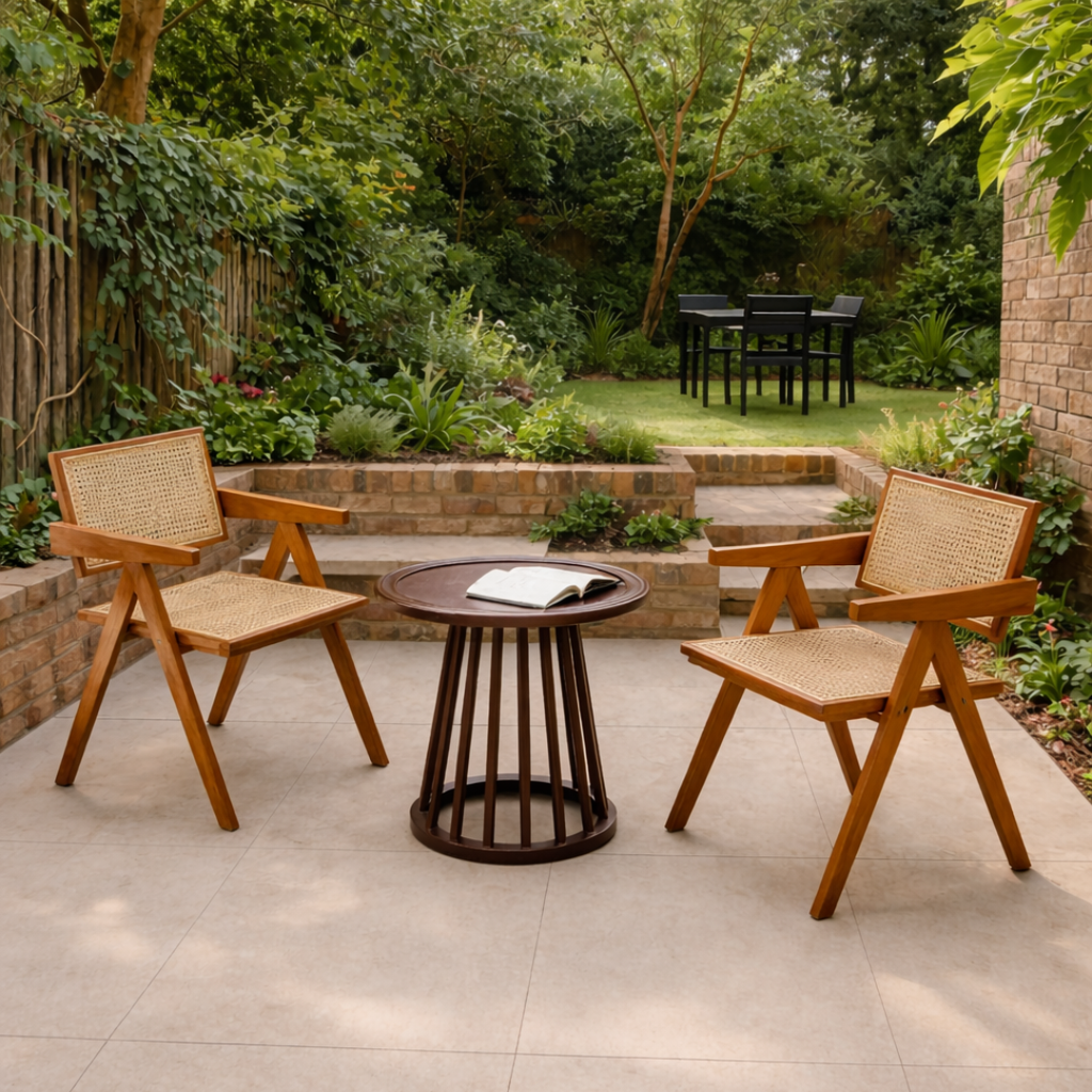 Outdoor patio set with wooden chairs and table in a garden setting