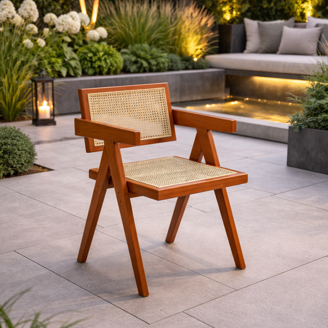 Wooden chair with wicker seat and backrest on a patio with garden and fountain in the background