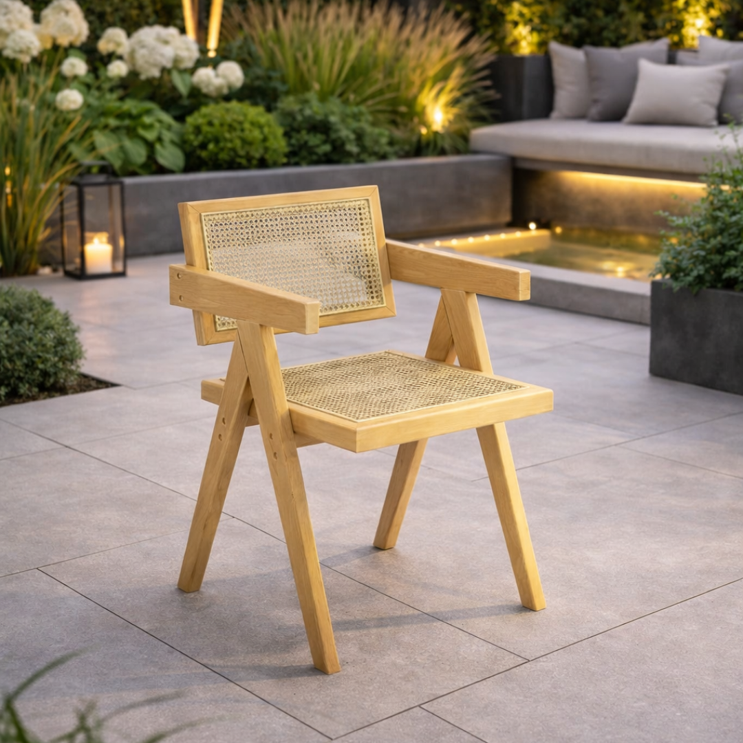 Wooden chair with wicker backrest on a patio with garden and seating area in the background