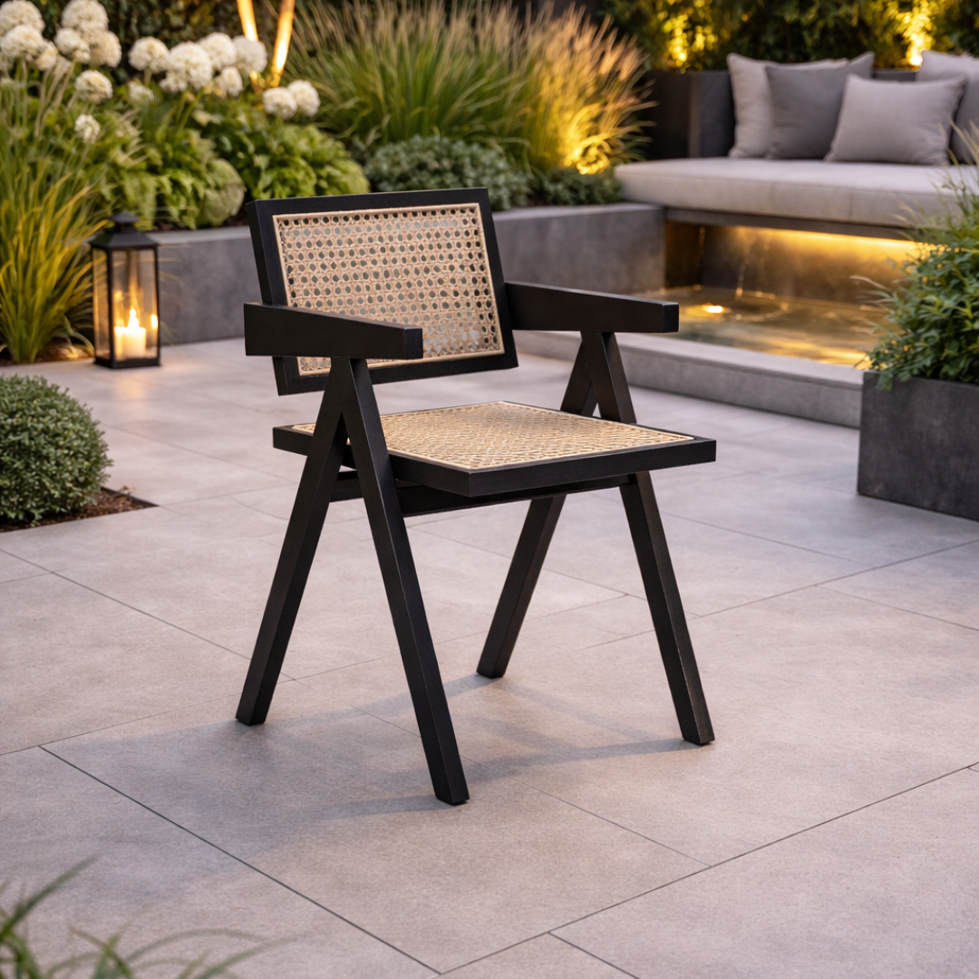 black rattan garden dining chair set in a modern garden with a sofa and fountain in the background.