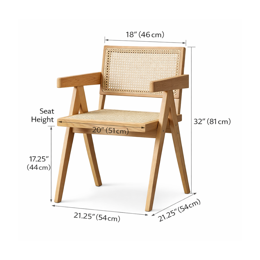 Wooden chair with wicker backrest and armrests, shown with dimensions on a white background.