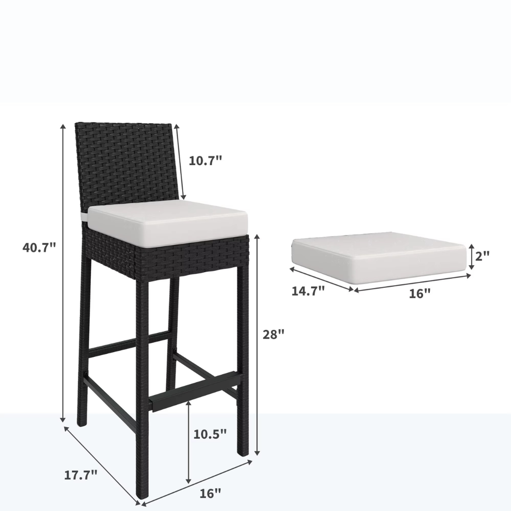 Measurement chart of a black bar stool with white cushion on a white background