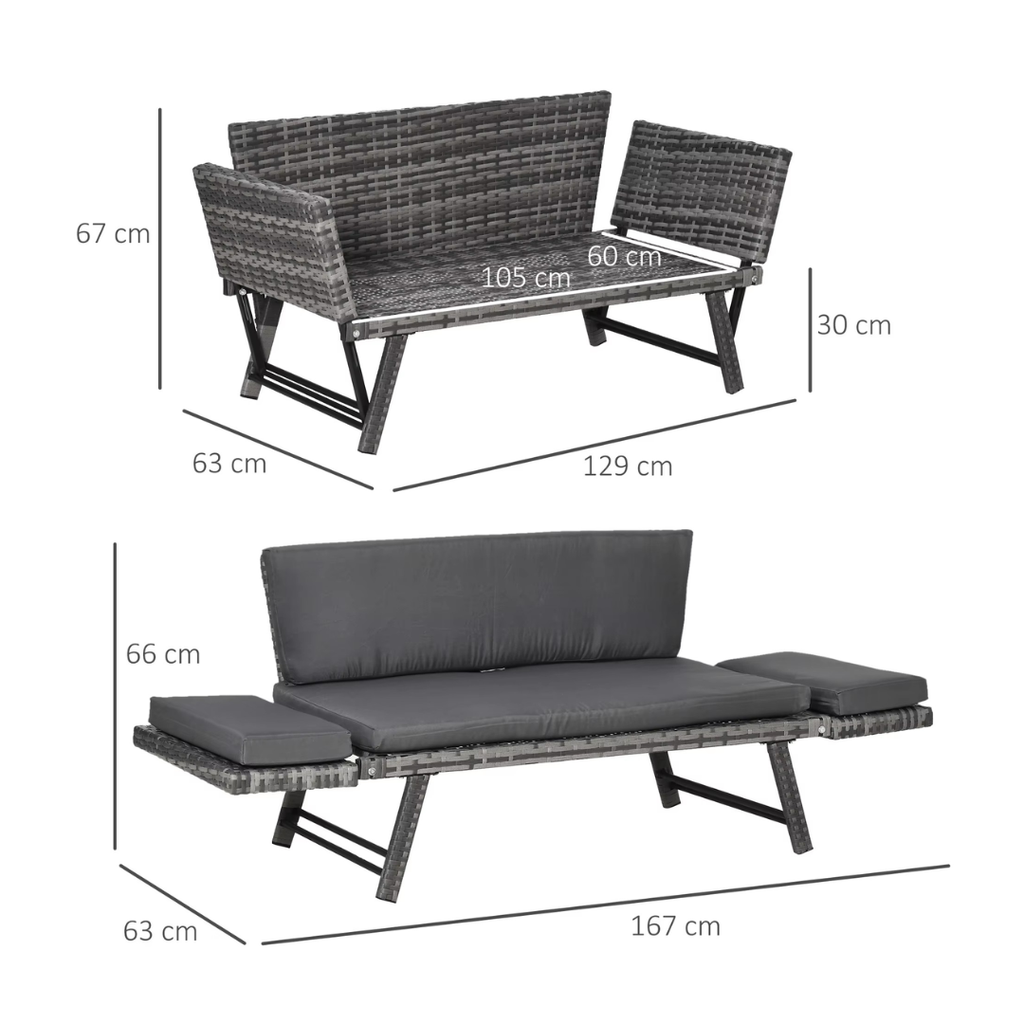 Dimensions of a gray outdoor sofa with cushions on a white background