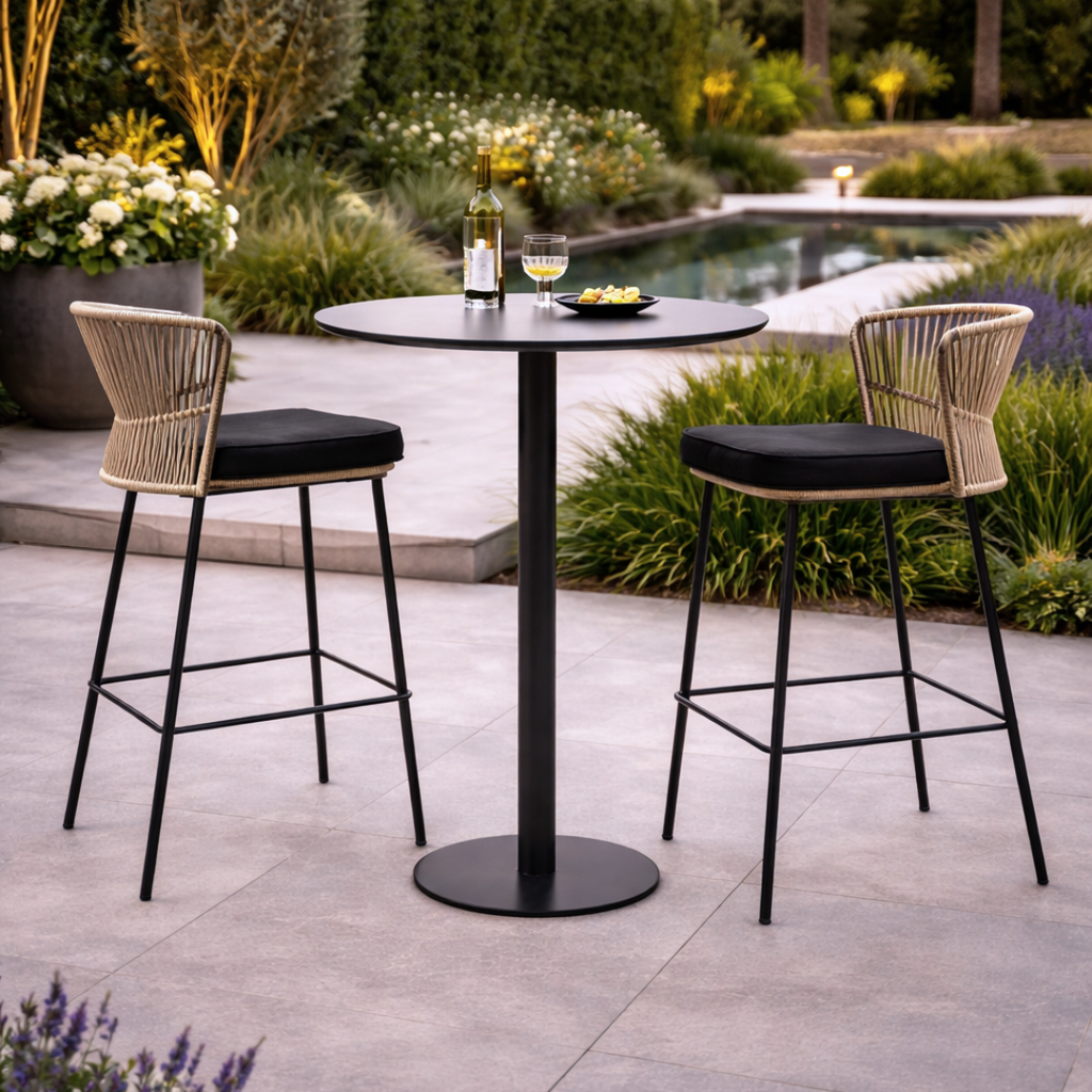 Outdoor patio set with a black table and two bar stools in a garden setting.