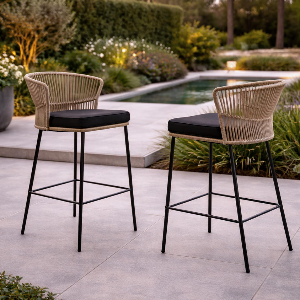 Two outdoor bar stools with black cushions on a patio near a pool.