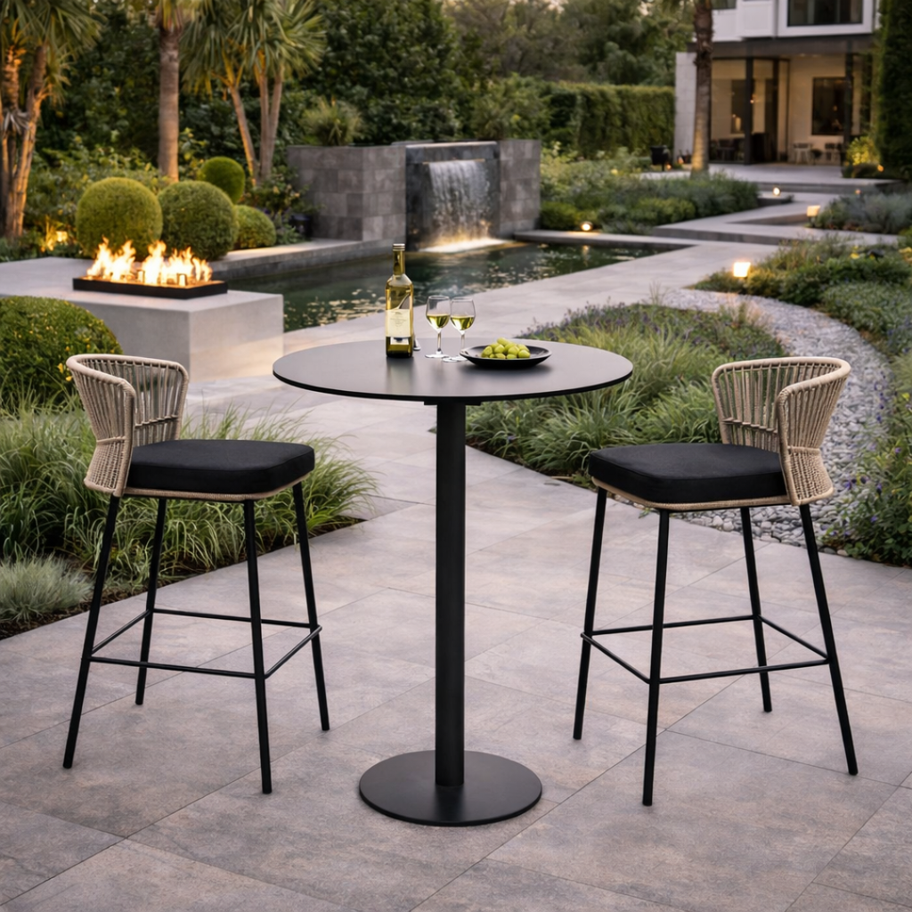 Outdoor patio setting with a black table and two bar stools in a garden with a fire pit and fountain.