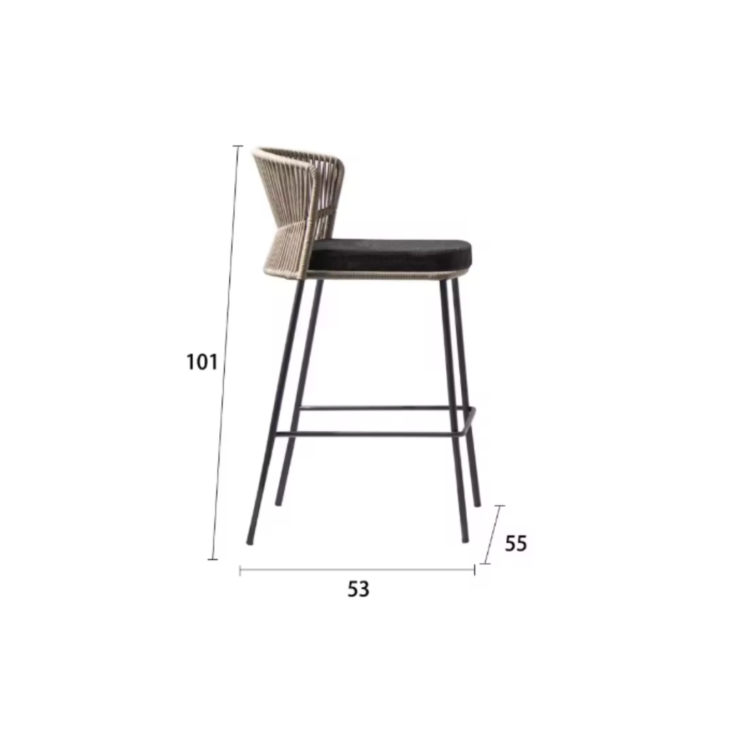 Bar stool with dimensions labeled on a white background