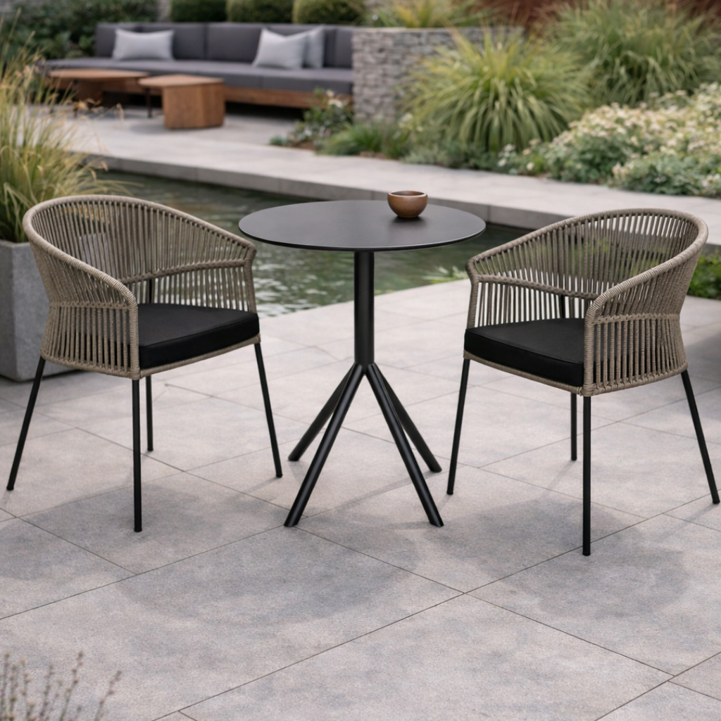 Outdoor patio set with two chairs and a table on a tiled patio.