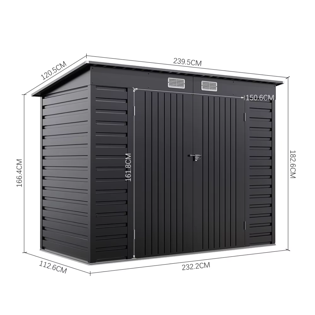 Black garden storage shed with modern finish, dimensions
