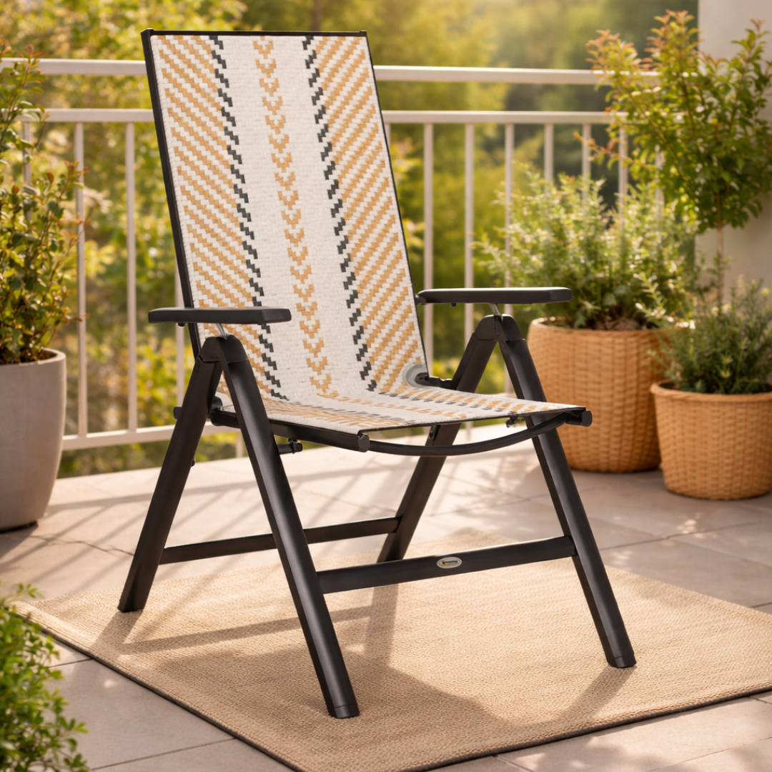Outdoor chair with patterned backrest on a patio with plants