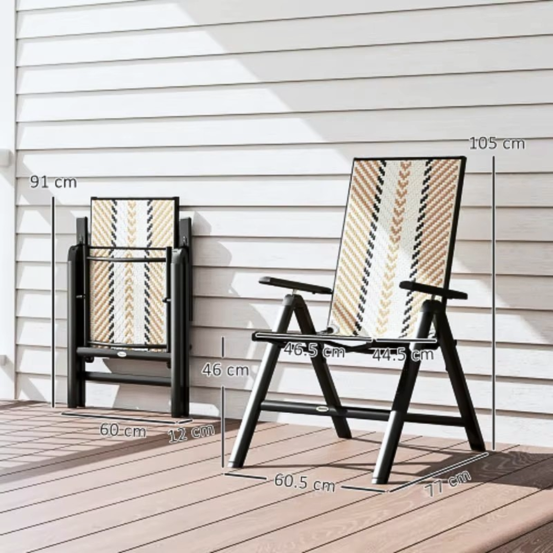 Outdoor chair with dimensions marked on a wooden deck
