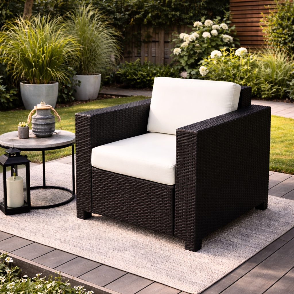 Outdoor patio setting with a wicker chair and table on a wooden deck.
