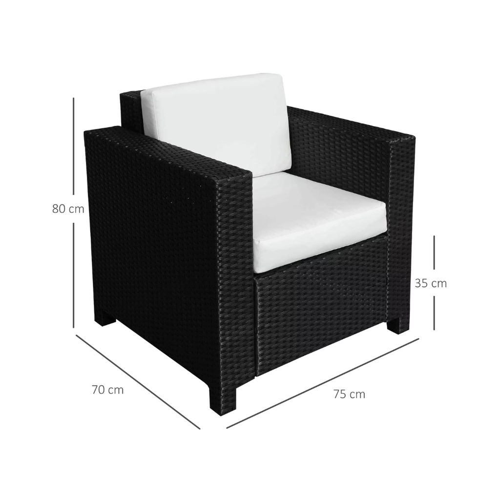 Black wicker armchair with white cushions and dimensions on a white background