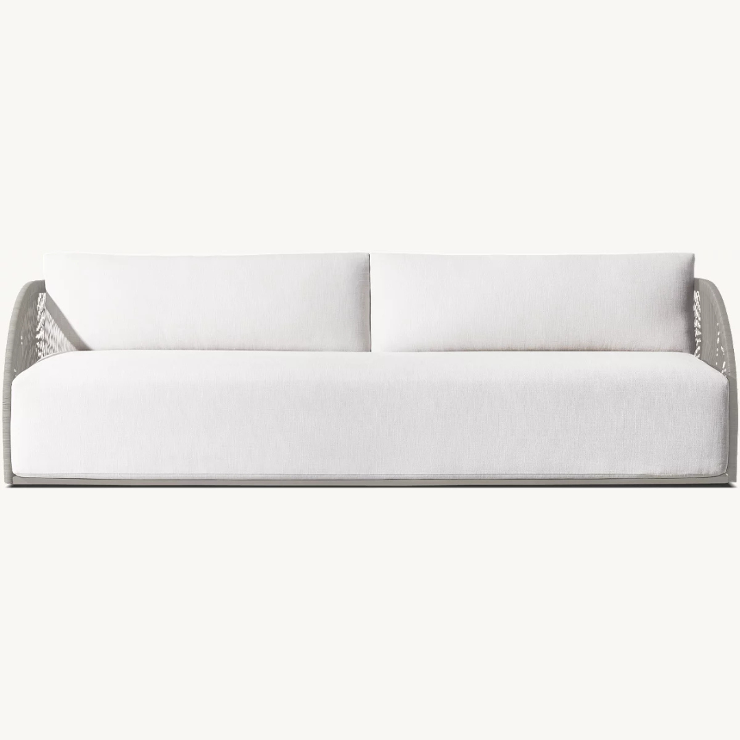 Modern rattan three-seater sofa for outdoor use, cream, front view