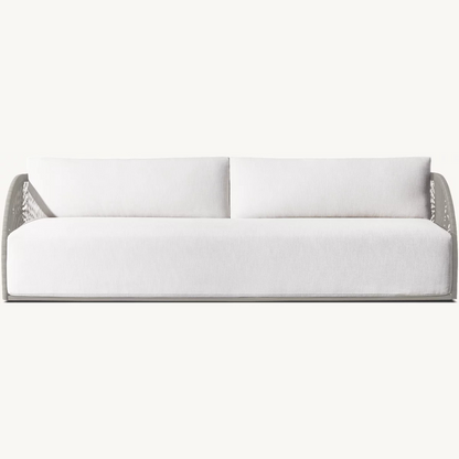 Modern rattan three-seater sofa for outdoor use, cream, front view