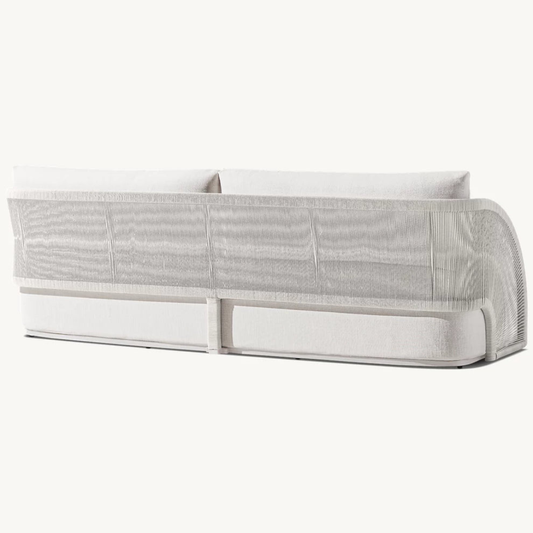 Modern rattan three-seater sofa for outdoor use, cream, back view