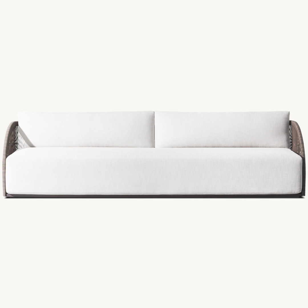 Modern rattan three-seater sofa for outdoor use, dark brown, front view
