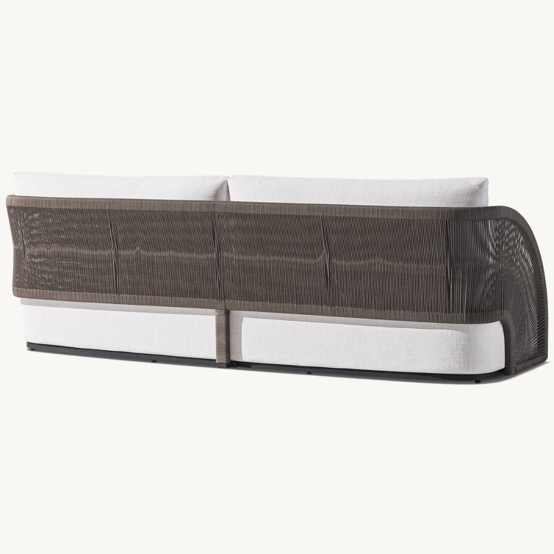 Modern rattan three-seater sofa for outdoor use, dark brown, back view
