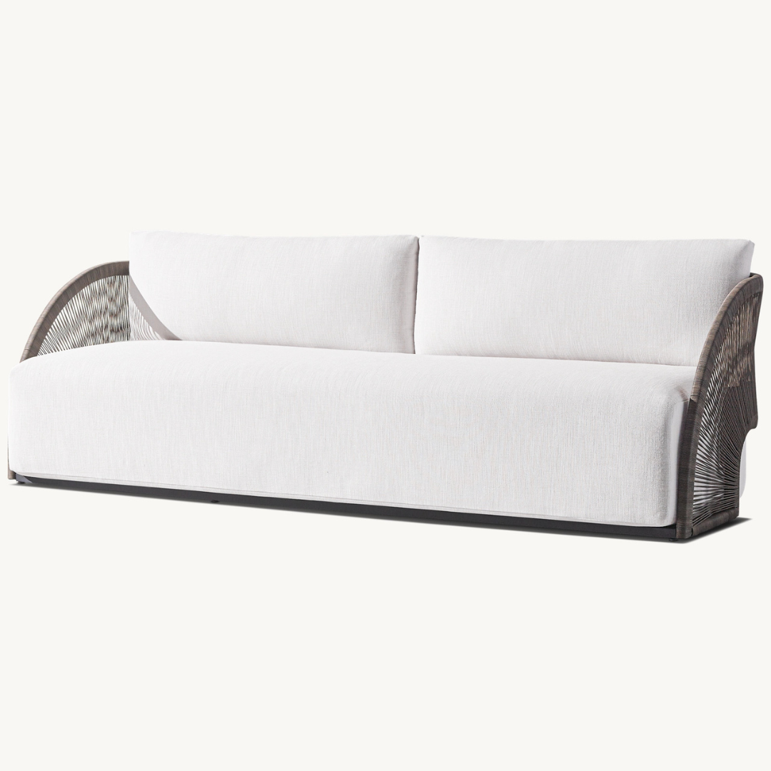 Modern rattan three-seater sofa for outdoor use, dark brown, angled view