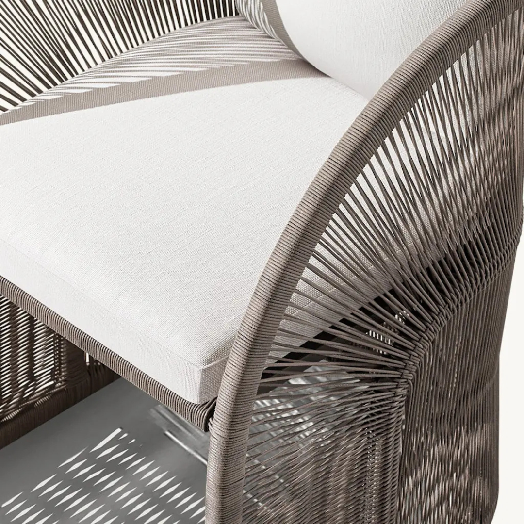 Hand-woven rattan dining chair with Nordic frame, dark brown, close up to woven design