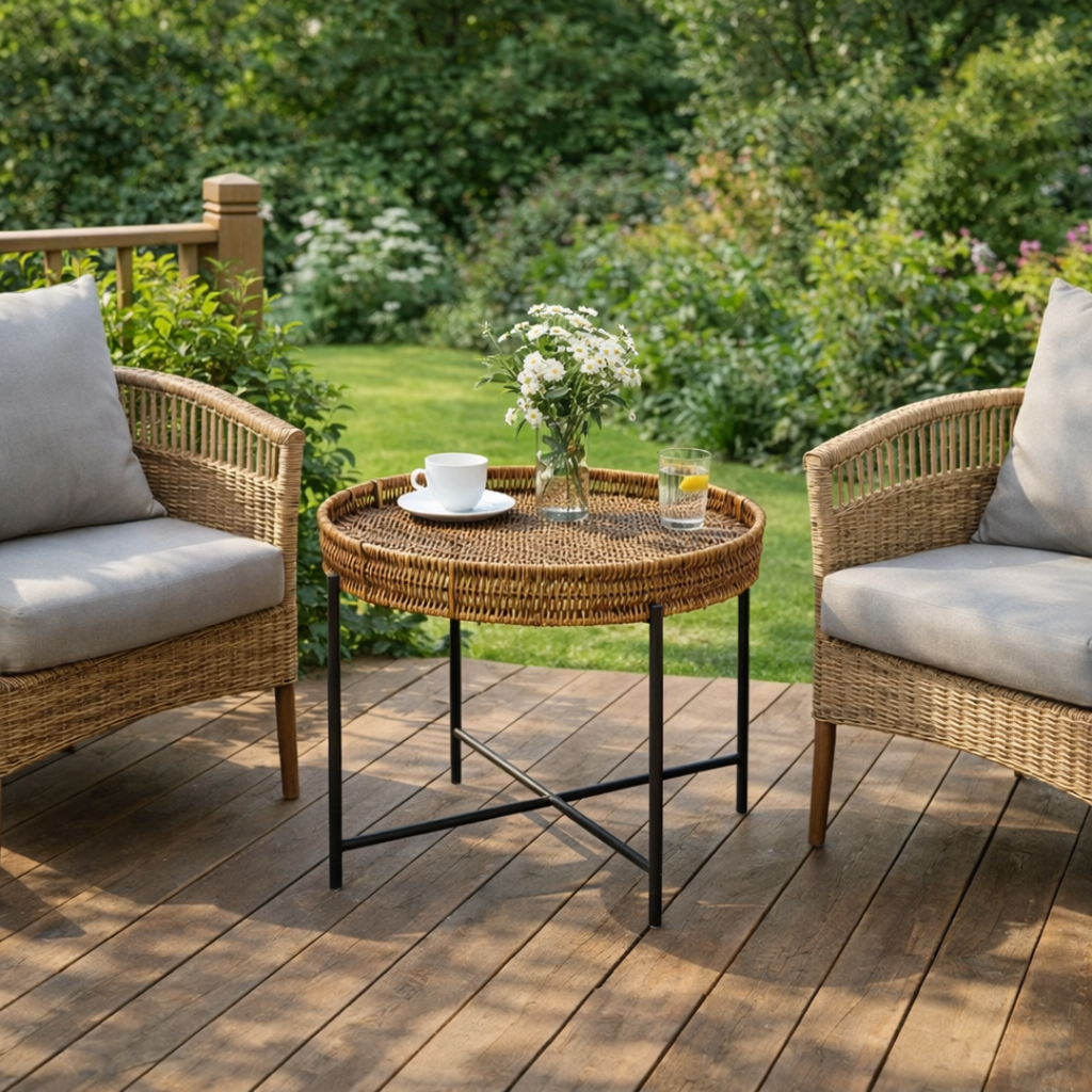 image shows a wicker side table between two garden armchairs in a traditional garden.