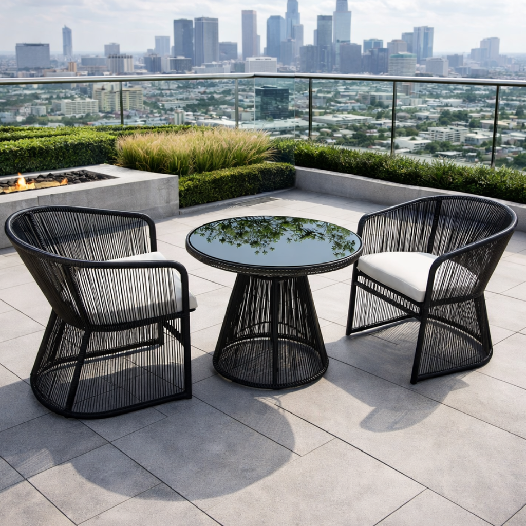 Outdoor patio set with black wire chairs and table on a rooftop with city skyline view.