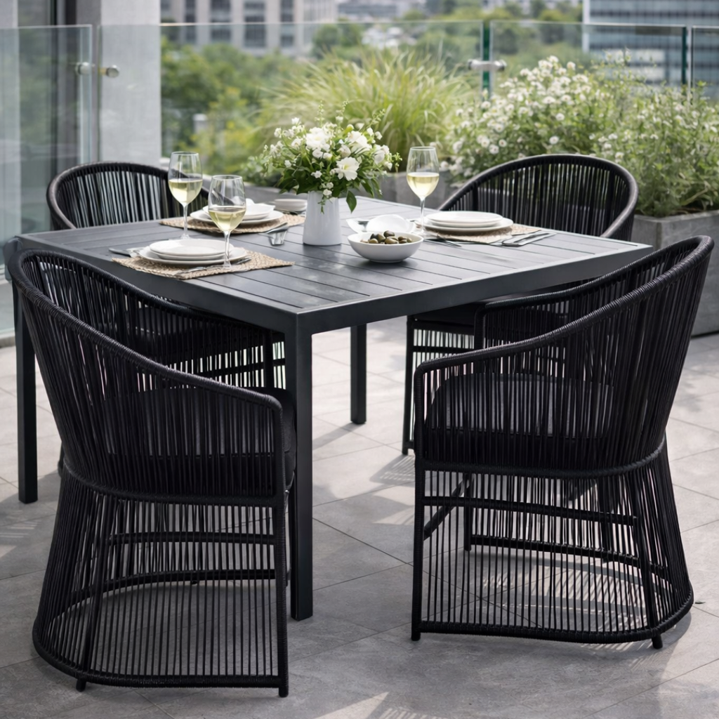 Outdoor dining set with black chairs and table on a patio with greenery in the background