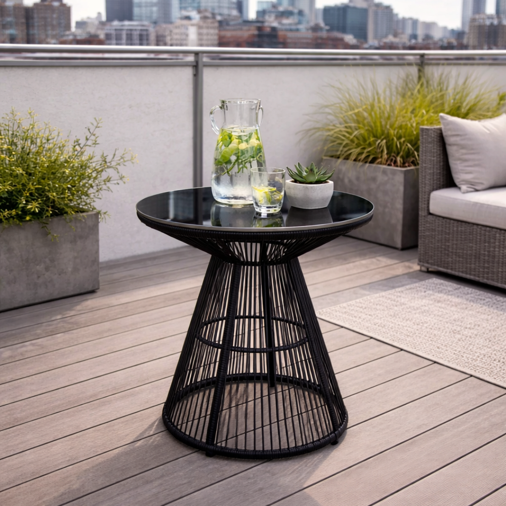 Black rope side table on a wooden deck with cityscape in the background