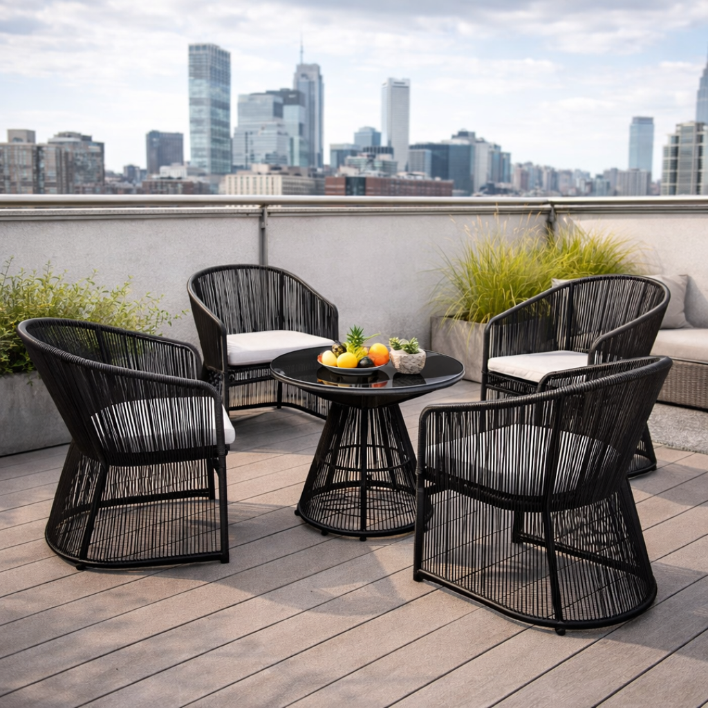 Outdoor furniture set on a rooftop with city skyline in the background