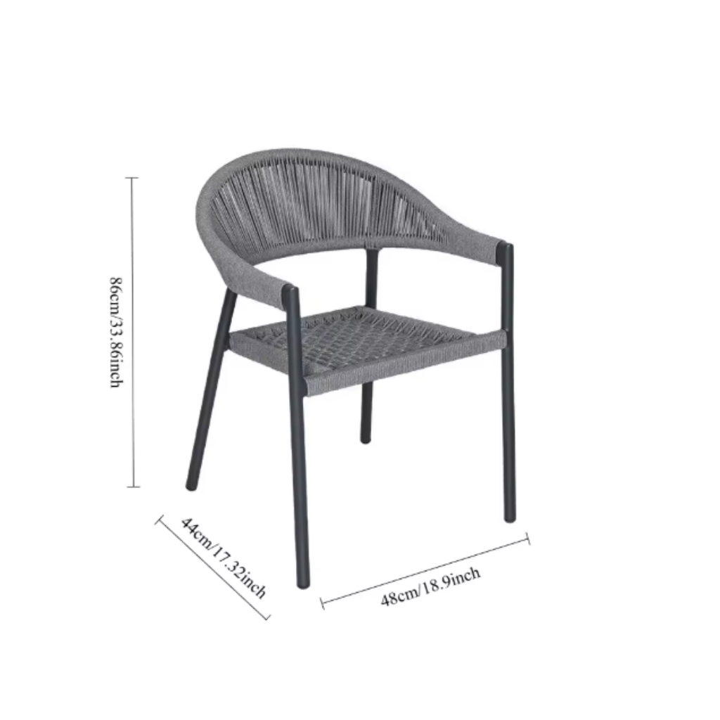 Gray chair with dimensions indicated on a white background