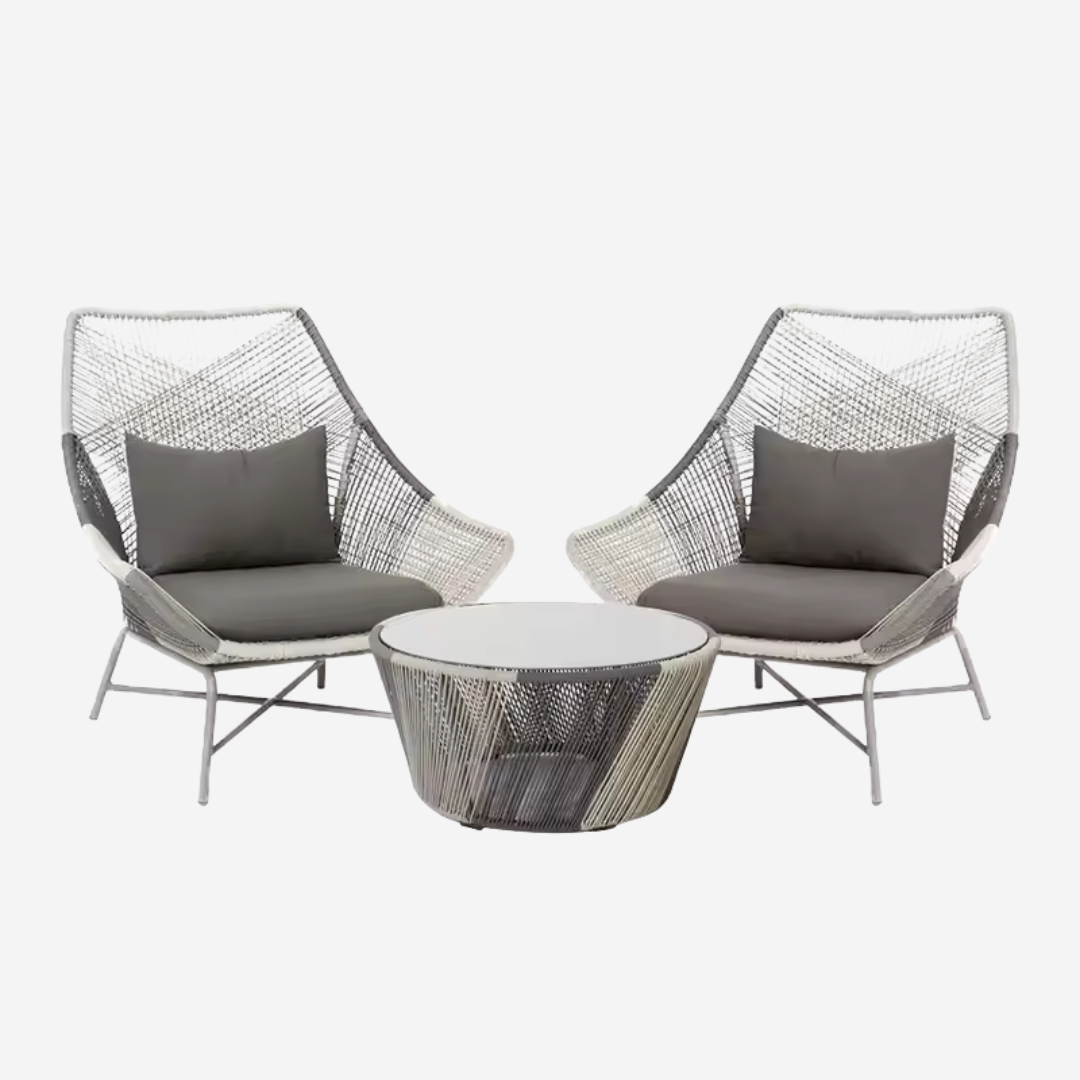 Contemporary rattan lounge set with two chairs and round table