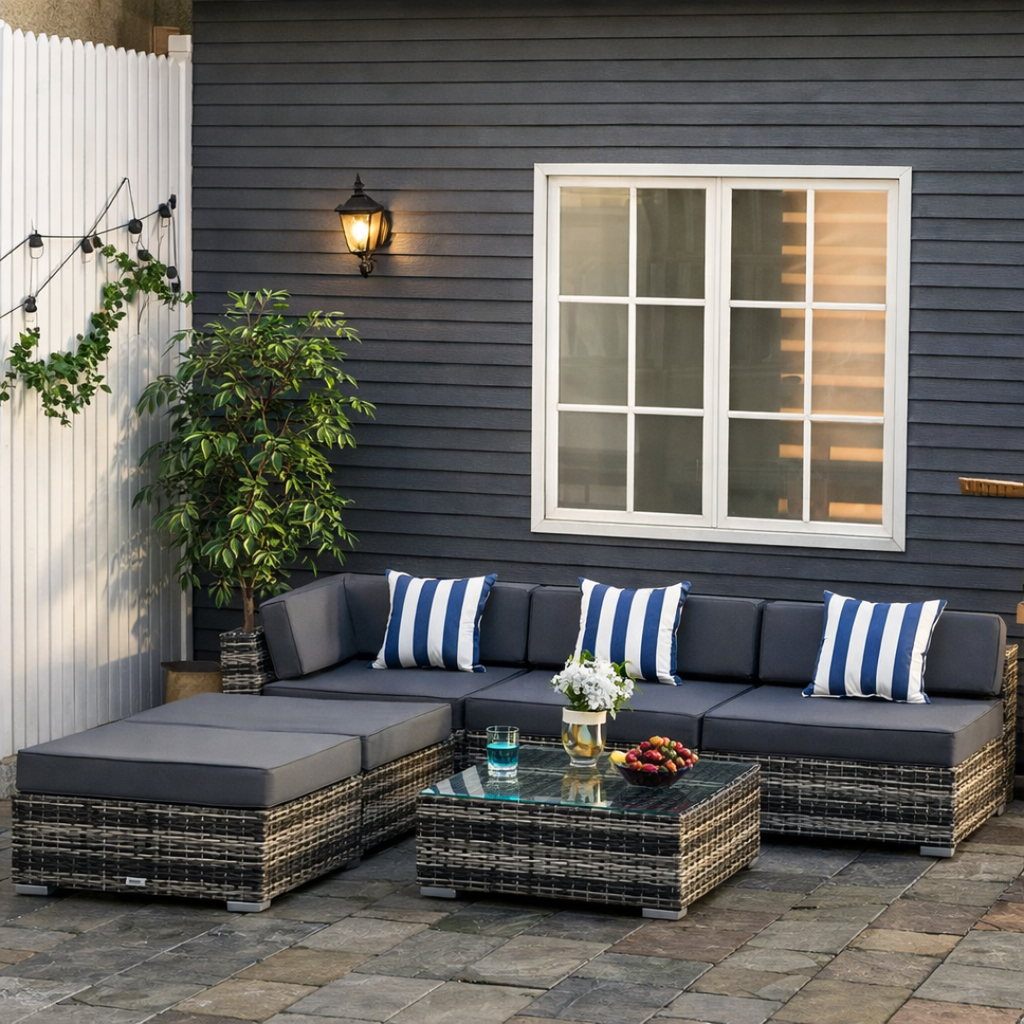 Outdoor patio set with blue cushions and a glass coffee table in front of a gray house.