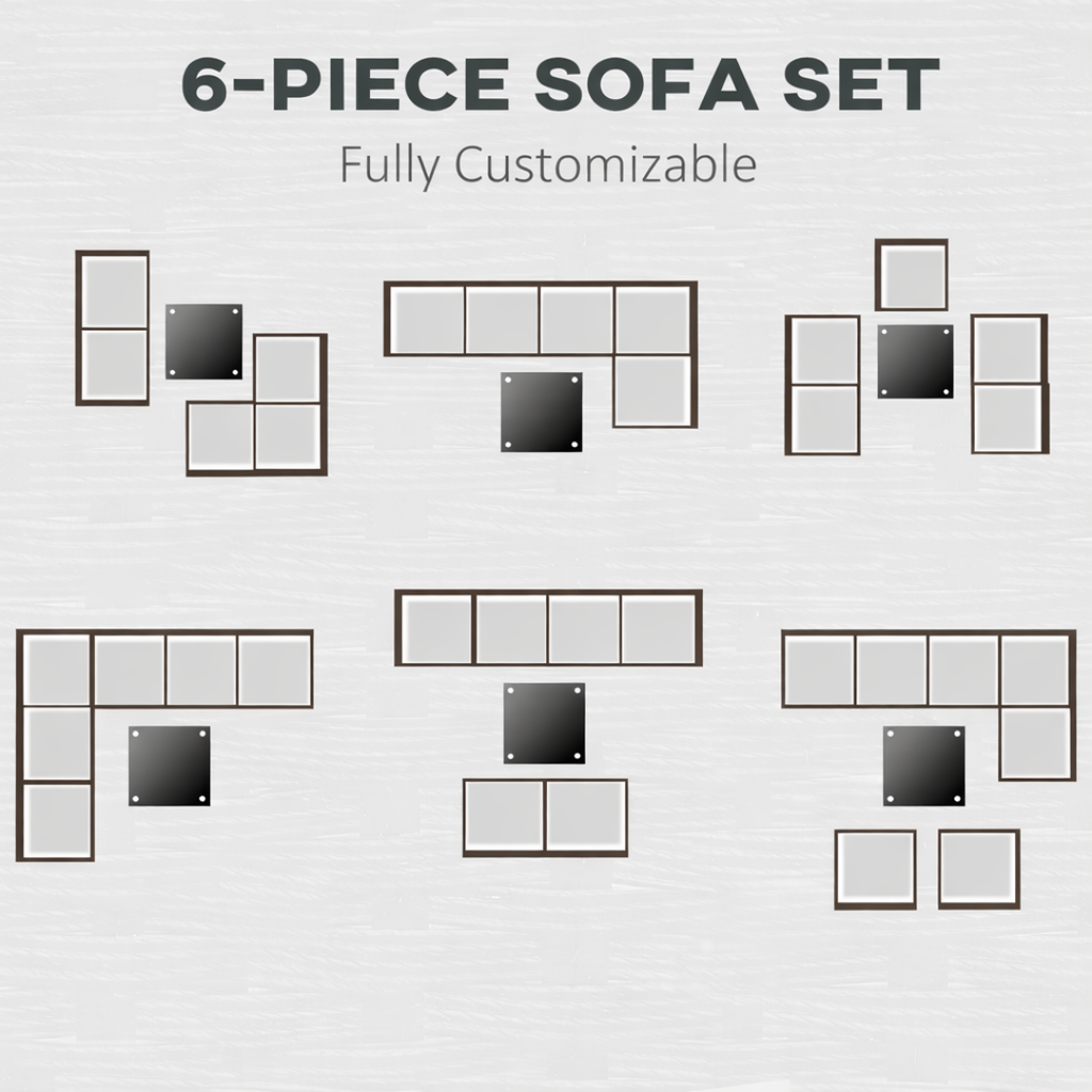 Diagram of a 6-piece customizable sofa set with various arrangement options on a light gray background.