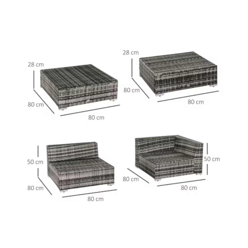 Dimensions of outdoor furniture pieces on a white background