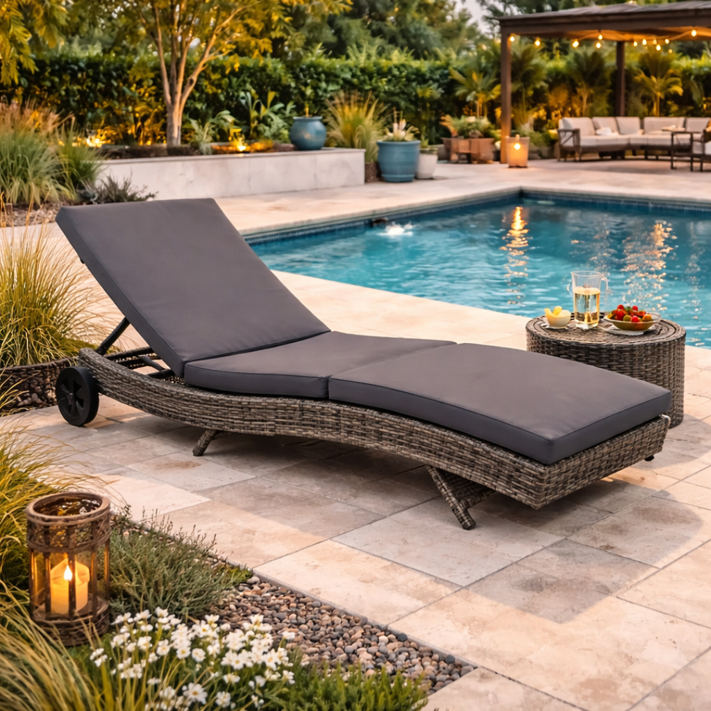 Outdoor lounge chair by a pool with a table and drinks in a garden setting