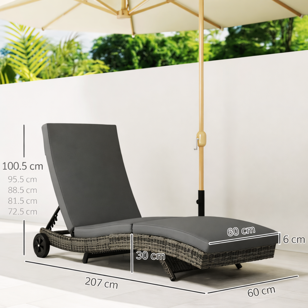 Outdoor lounge chair with umbrella and measurements on a white background