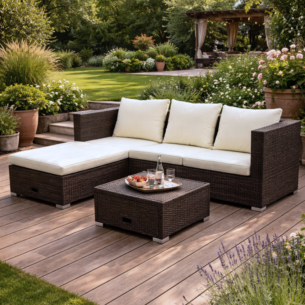 Outdoor patio set with cushions on a wooden deck in a garden setting