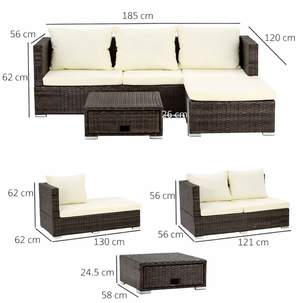 Wicker outdoor furniture set with dimensions labeled on a white background