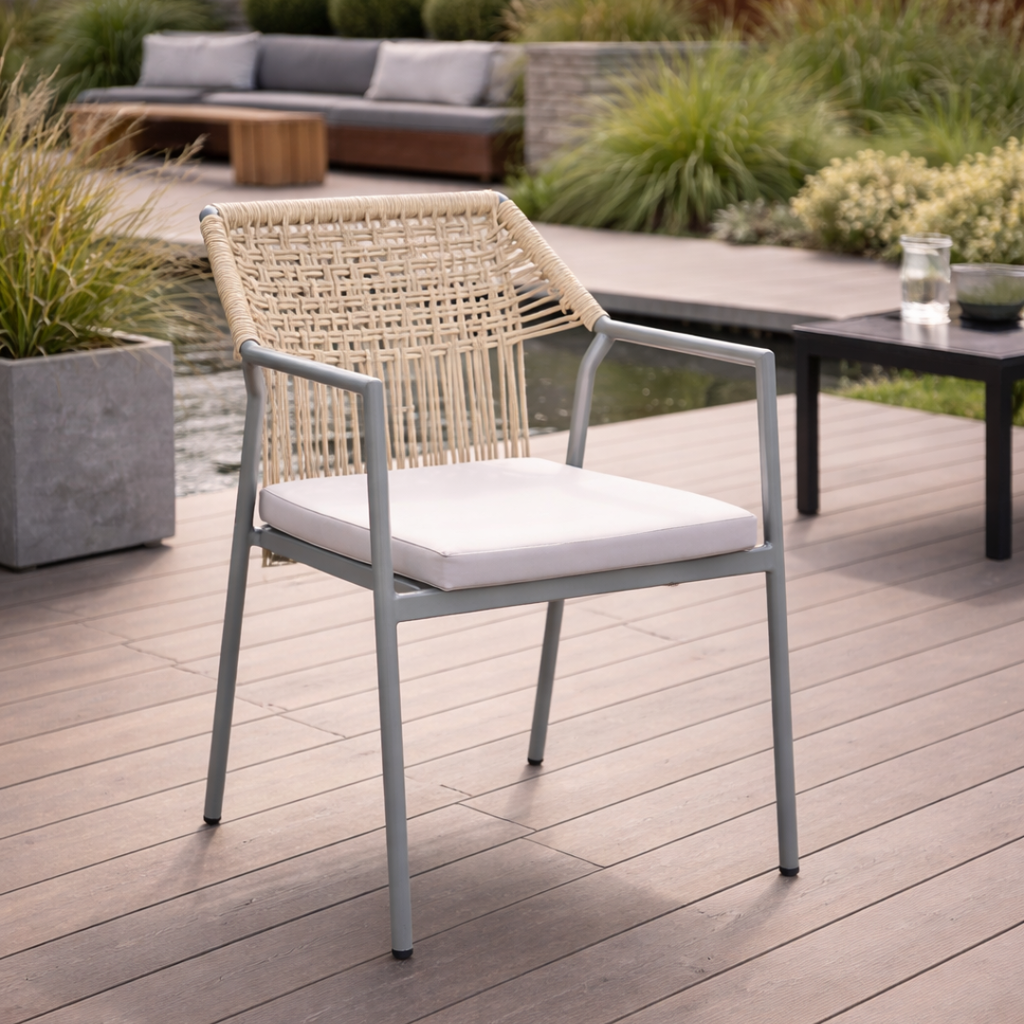Outdoor chair with wicker backrest and white cushion on a wooden deck