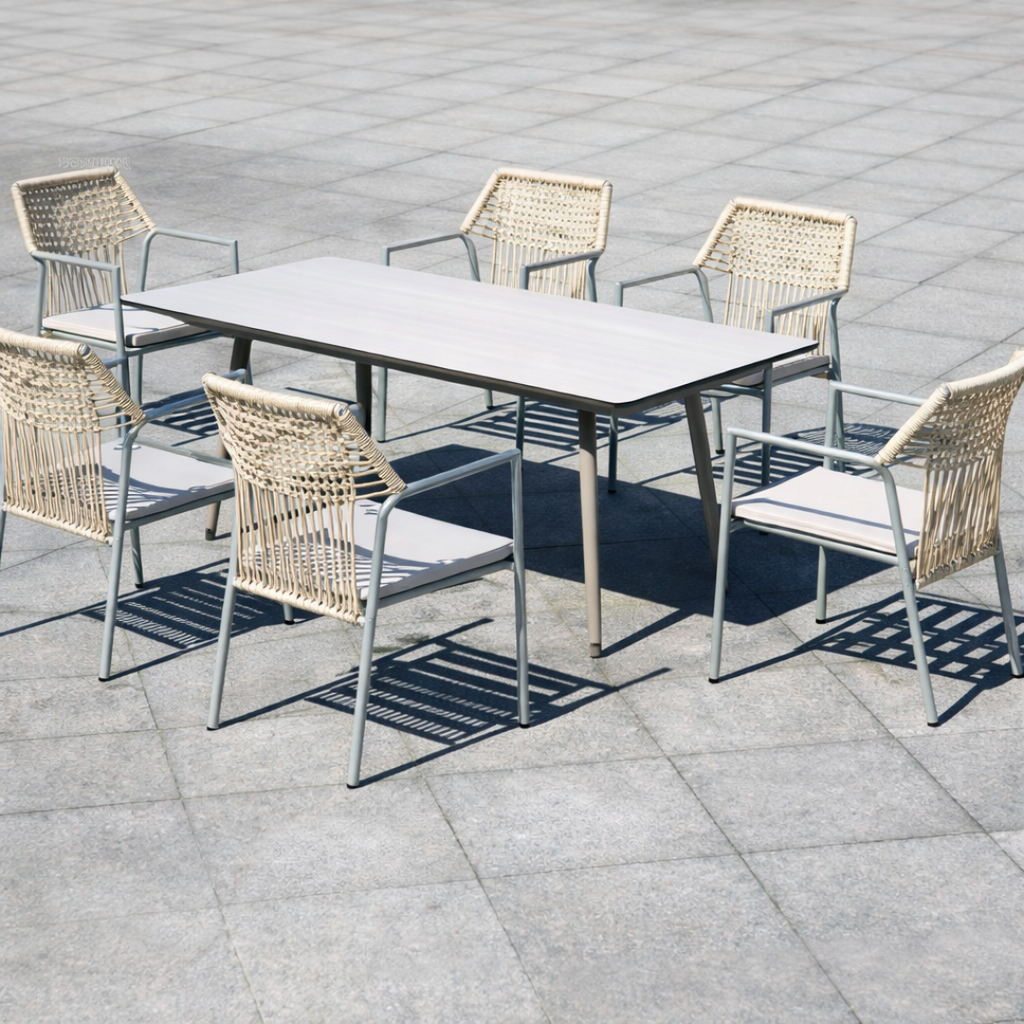 Outdoor dining set with a rectangular table and six chairs on a tiled patio.