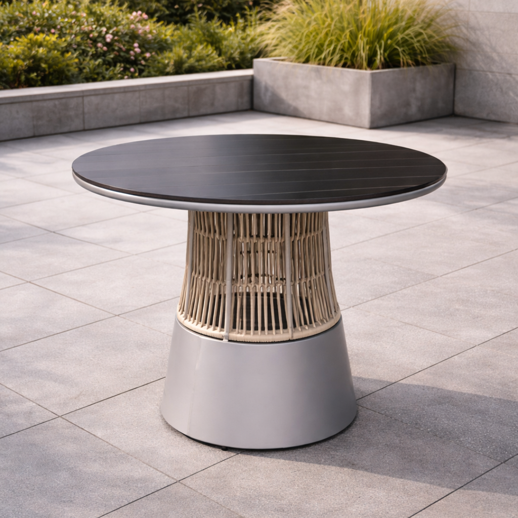 Round outdoor table with a dark top and light base on a tiled patio
