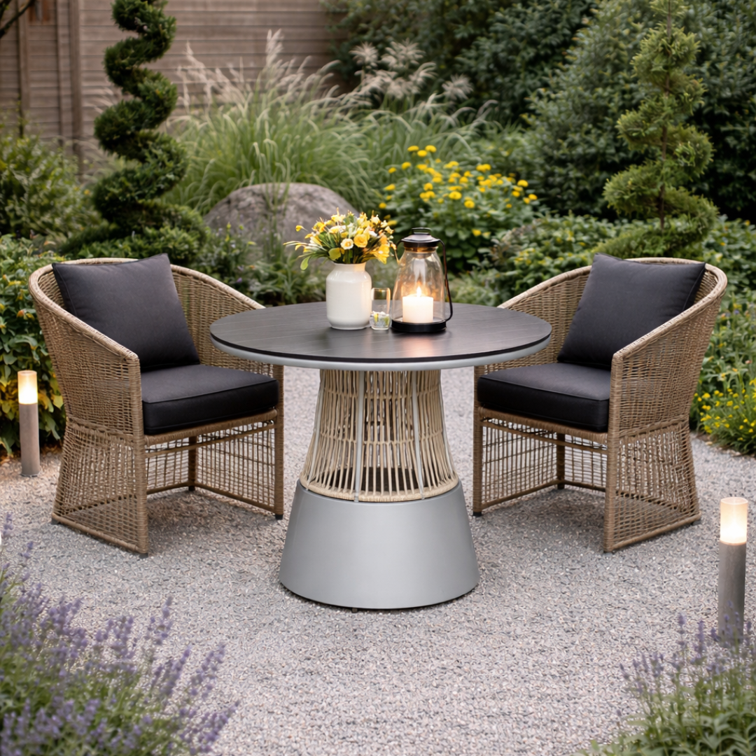 Outdoor patio set with two chairs and a table in a garden setting.