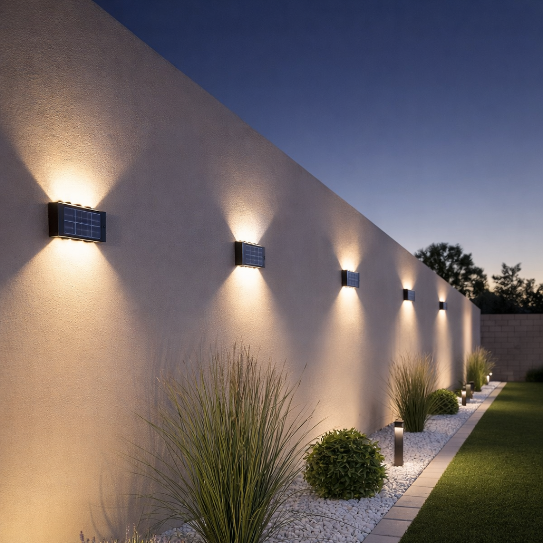 Modern outdoor wall lights on a building exterior with plants and a clear sky.