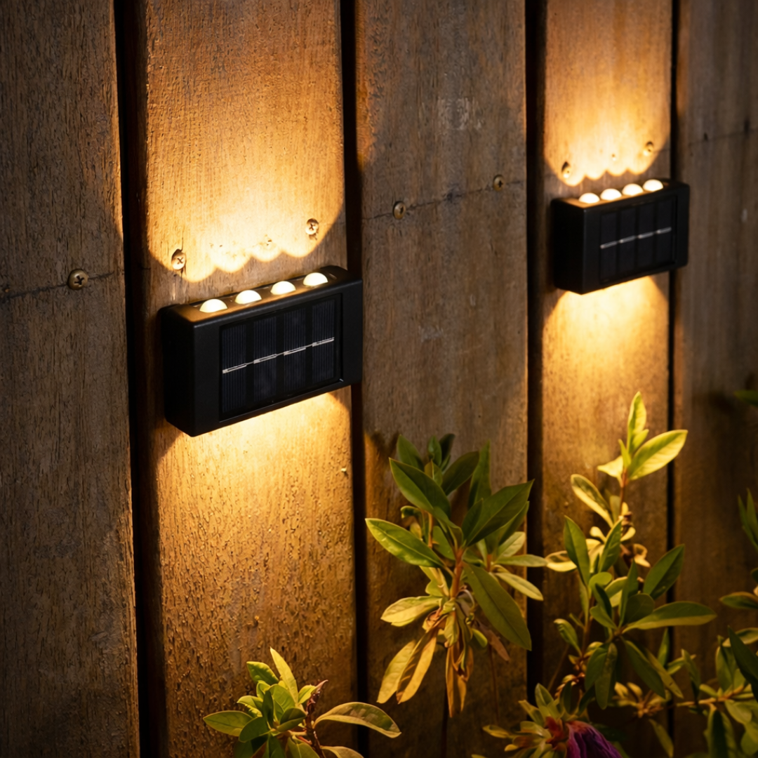 Solar wall lights on a wooden wall with plants in the foreground
