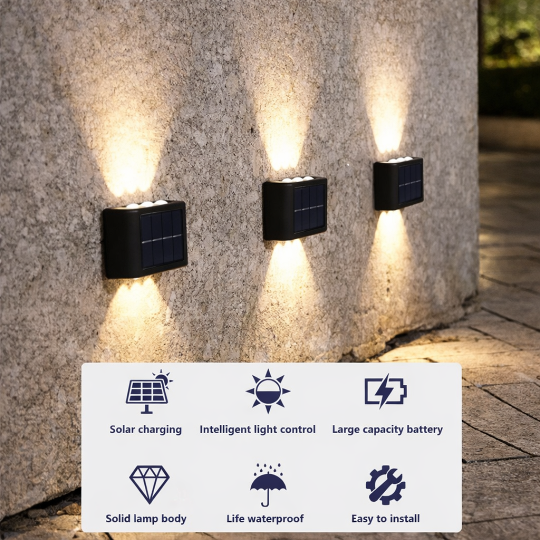 Three solar wall lights on a stone wall with feature icons below.