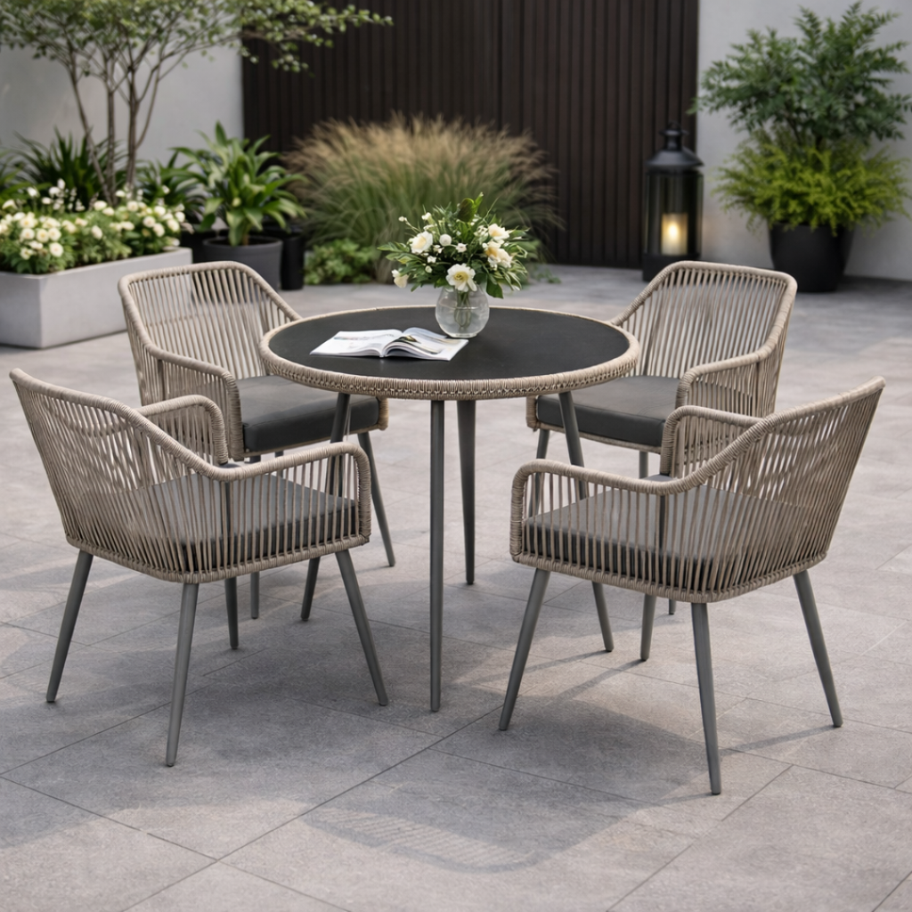 Outdoor patio set with round table and four chairs on a stone patio.