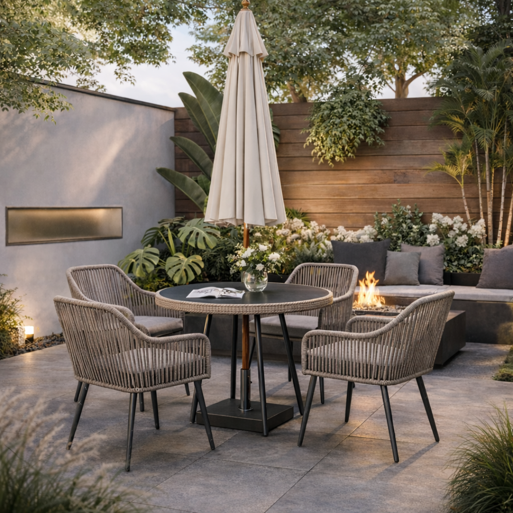 Outdoor patio setting with chairs, table, and umbrella in a garden.