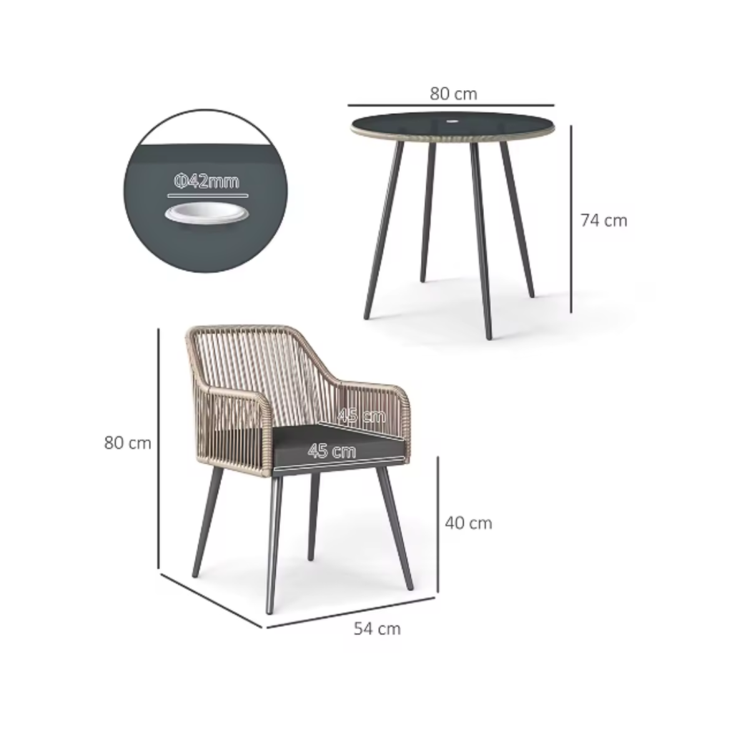 Dimensions of a round table and chair on a white background