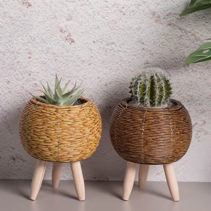 Freestanding round wicker planters for patio or garden, both colours paired together